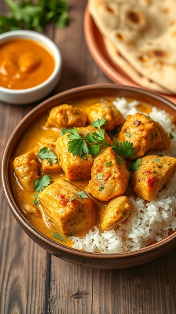 A bowl of curry chicken with rice and naan, garnished with cilantro, on a rustic table.